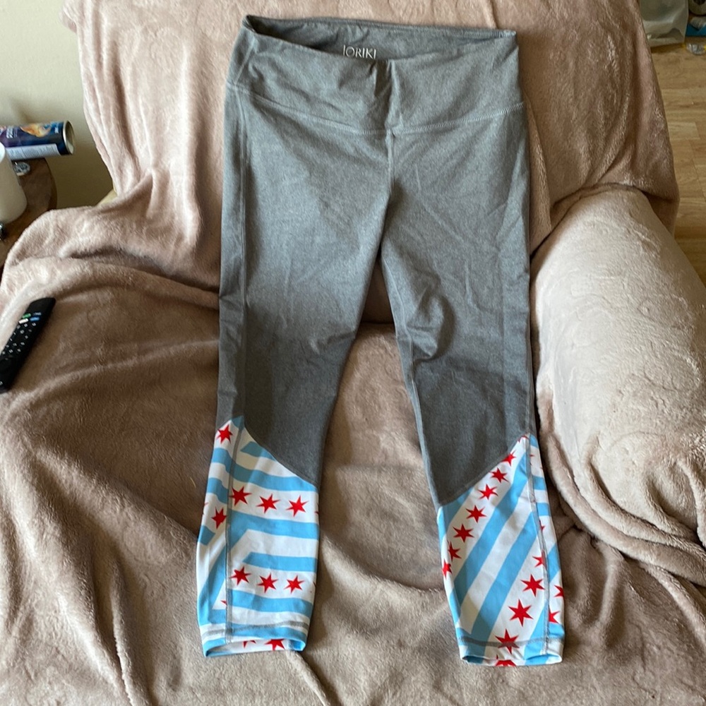 Grey workout leggings with Texan or American flag design on calves/ bottom